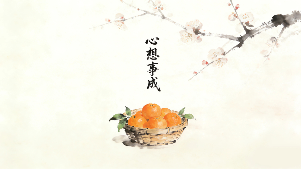 水墨风心想事成4K壁纸，一篮橙子与梅花高清背景图3840x2160免费下载