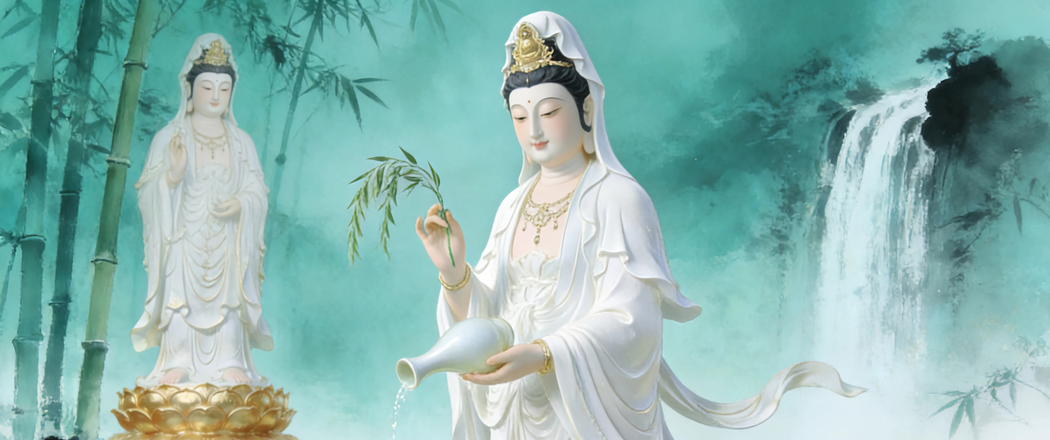 观音菩萨玉净瓶竹林瀑布4K宗教高清3440x1440带鱼屏壁纸免费下载