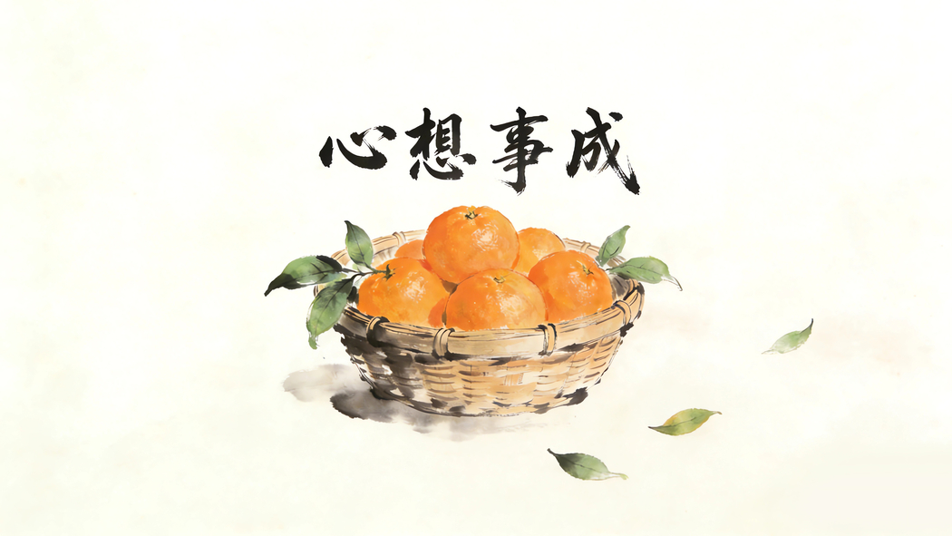 心想事成水墨风一篮橙子4K高清电脑壁纸3840x2160免费下载