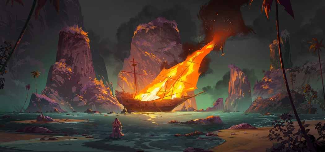 海盗女孩动漫4K高清壁纸,船只海滩棕榈树火焰发光3840x1798免费下载 海盗女孩动漫4K高清壁纸,船只海滩棕榈树火焰发光3840x1798免费下载