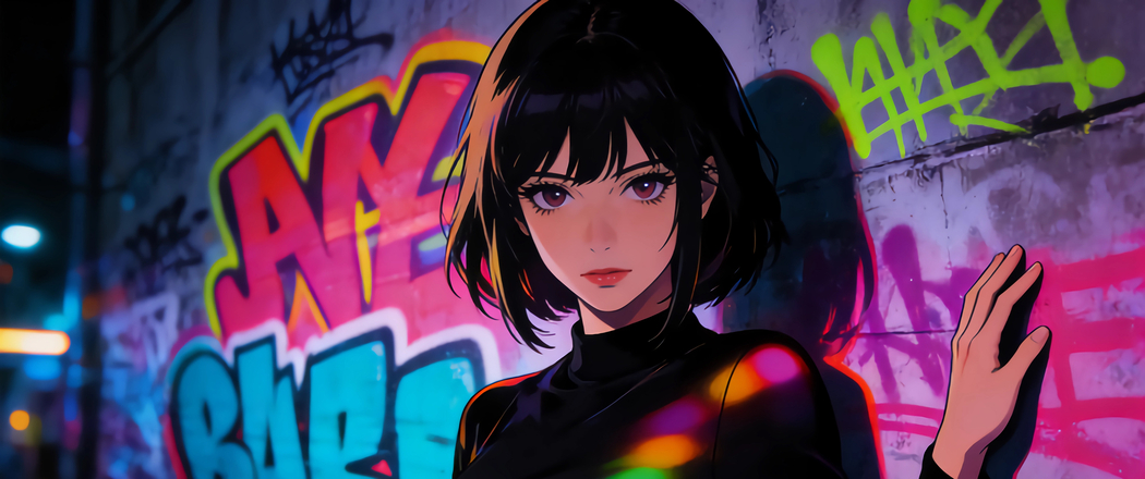 黑色衣服短发气质美女涂鸦墙4K高清3440x1440带鱼屏动漫壁纸免费下载