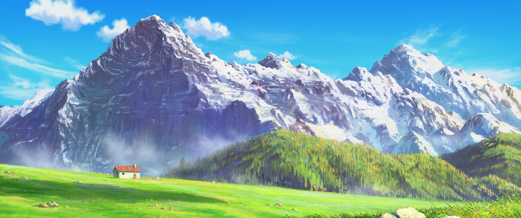 绘画风格4K高清3440x1440田野房屋绿草地山脉鱼屏风景壁纸免费下载