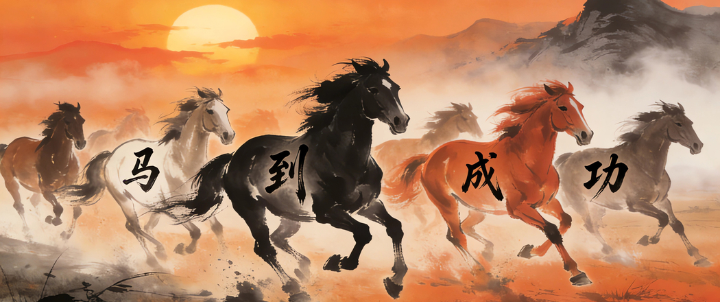 日出骏马水墨风高清壁纸 3440x1440带鱼屏马到成功免费下载