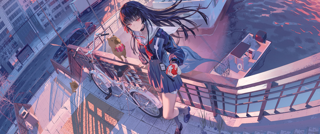 长发齐刘海女孩站立围栏旁单车主题4K动漫带鱼屏壁纸3440x1440免费下载 长发齐刘海女孩站立围栏旁单车主题4K动漫带鱼屏壁纸3440x1440免费下载