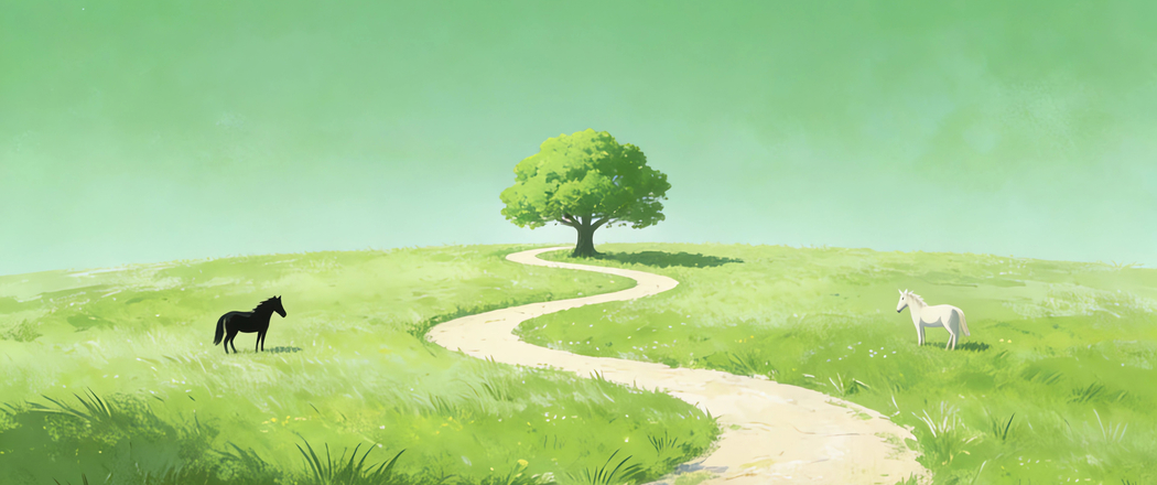 绿色清新草地一棵树与马儿3440x1440带鱼屏4K高清风景壁纸免费下载