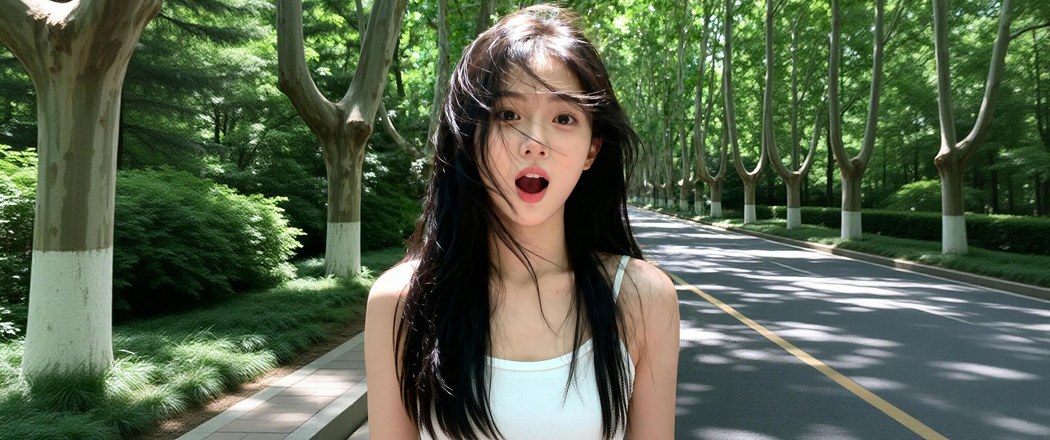 绿荫道路旁清纯美女惊讶表情 4K高清3440x1440带鱼屏壁纸免费下载 绿荫道路旁清纯美女惊讶表情 4K高清3440x1440带鱼屏壁纸免费下载