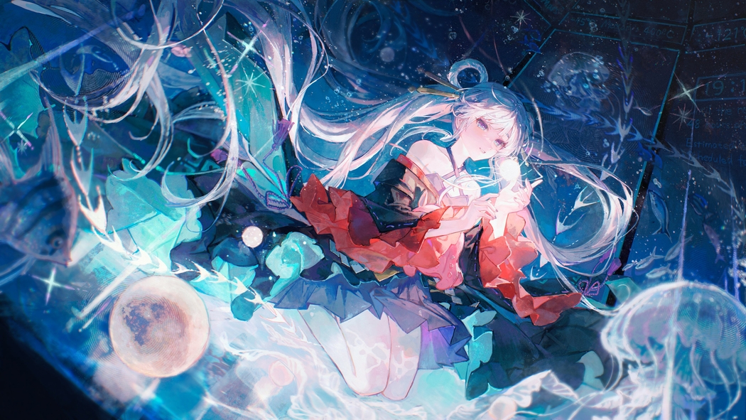 蓝色眼睛月之公主水母主题4K动漫女孩连衣裙高清壁纸4096x2304免费下载