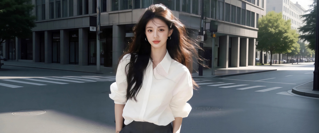 城市街道长发白色衬衫美女 3440x1440 4K高清带鱼屏壁纸免费下载