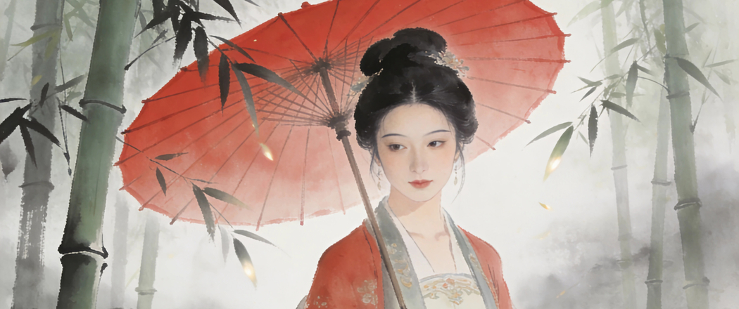 古风美女撑红伞漫步竹林 水墨风4K动漫带鱼屏壁纸3440x1440免费下载