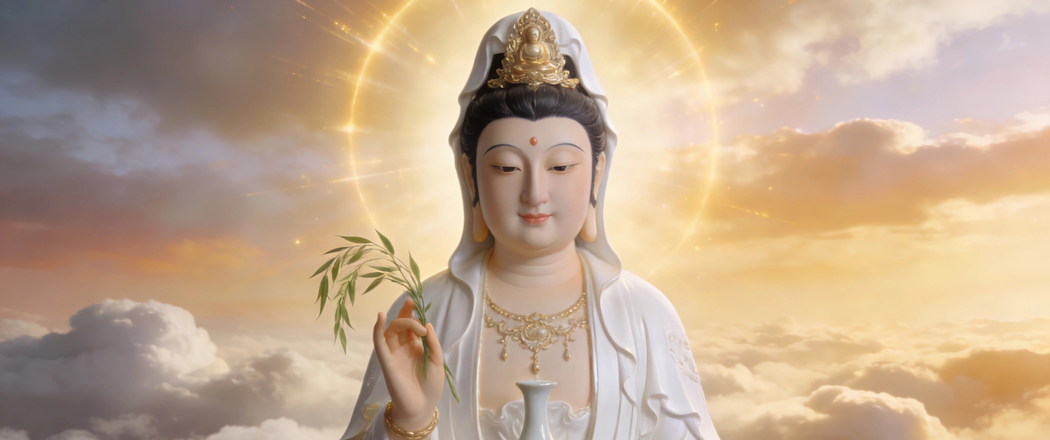 观音菩萨佛光普照天空云景 3440x1440 4K宗教高清带鱼屏壁纸免费下载