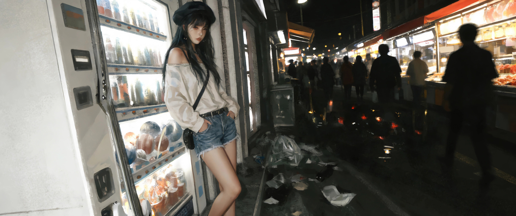 美食街戴帽女孩3440x1440带鱼屏4K高清动漫壁纸免费下载