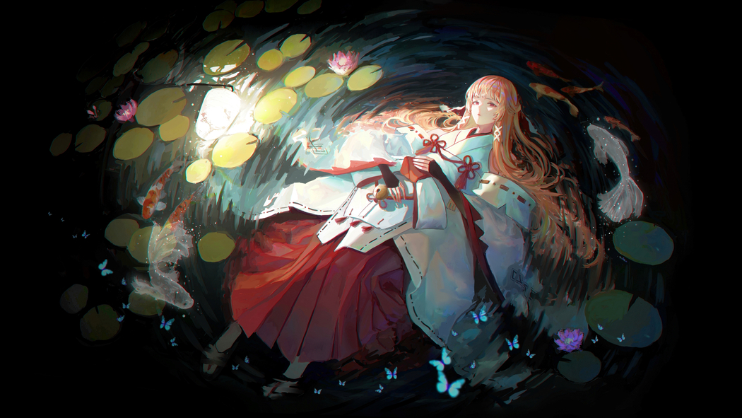 上杉绘梨衣水边鱼戏荷叶4K动漫高清壁纸3840x2160免费下载