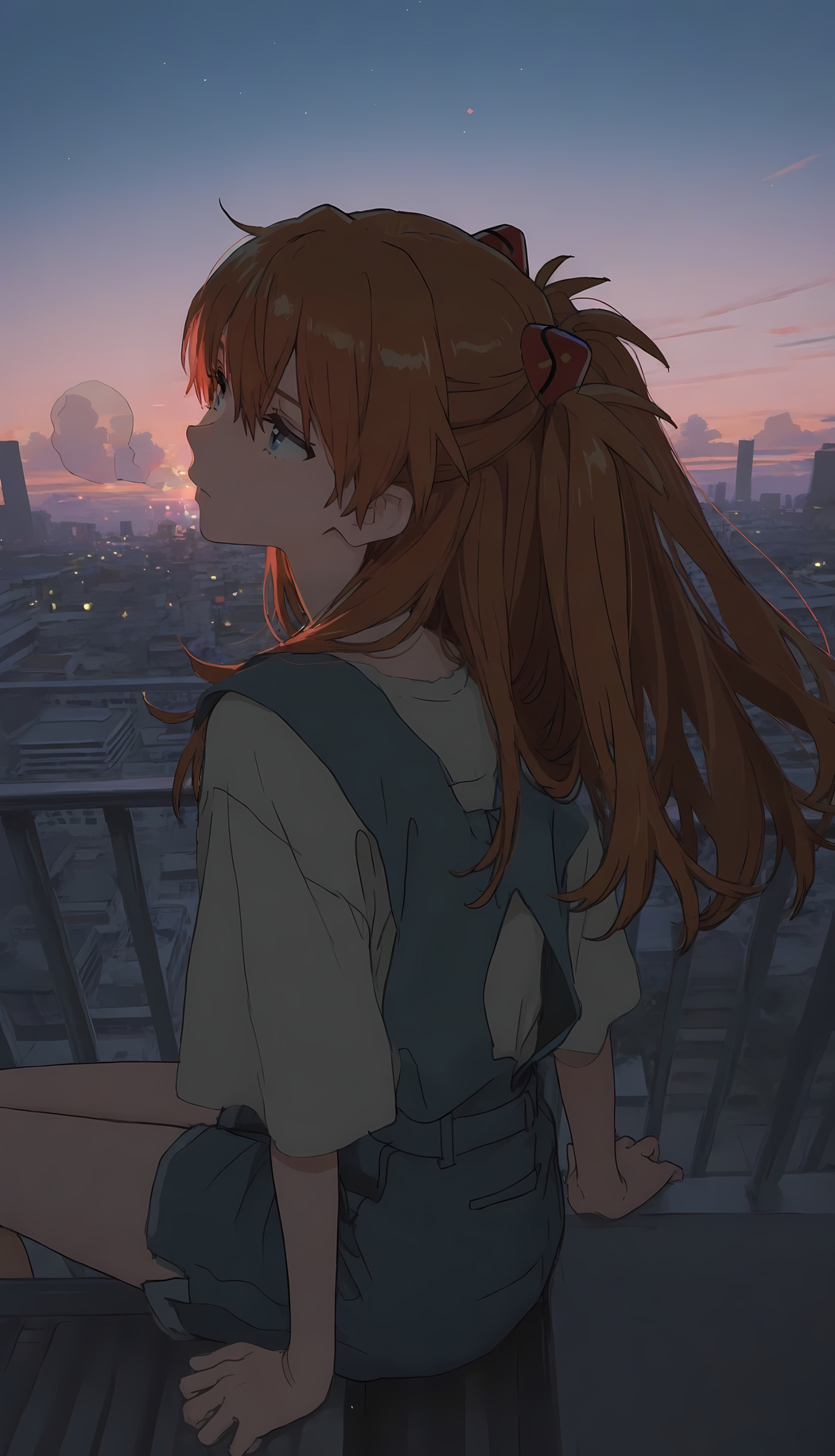 天台黄昏下明日香背影4K手机高清壁纸2358x4112免费下载