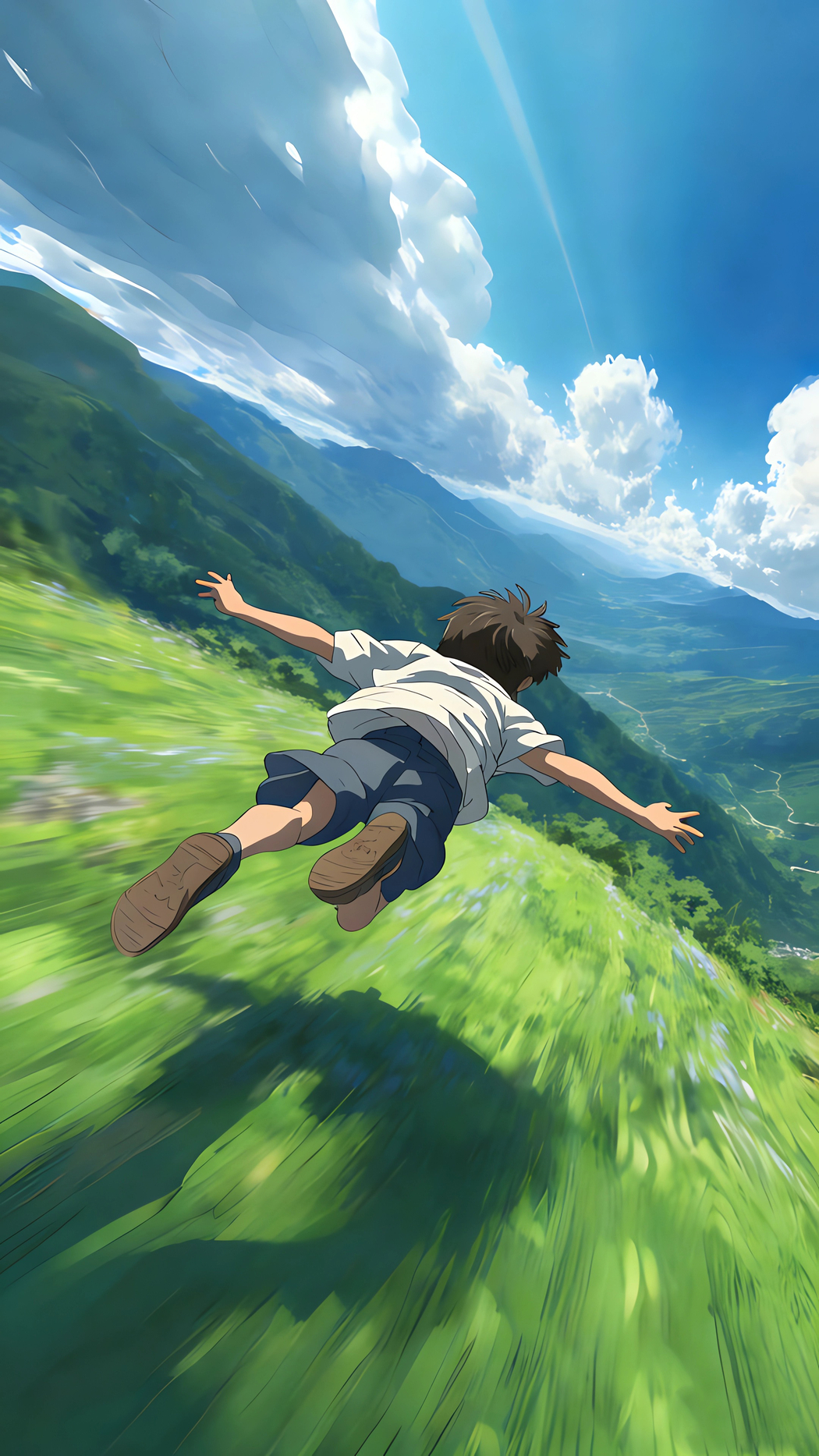 男孩飞行奔跑于绿色风景 4K手机高清壁纸2160x3840免费下载