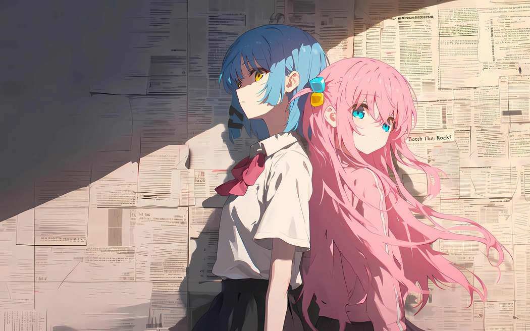 报纸墙山田凉与波奇酱2880x1800高清电脑壁纸免费下载