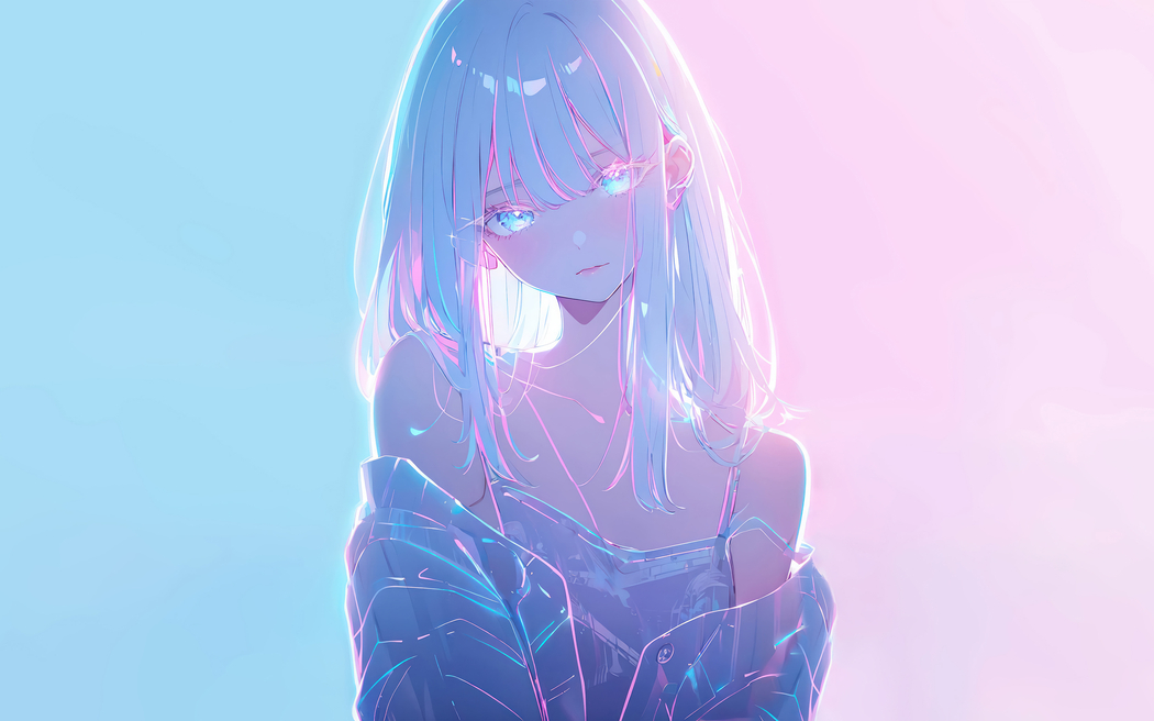 简单动漫女孩高清壁纸 蓝色粉色背景 2880x1800免费下载