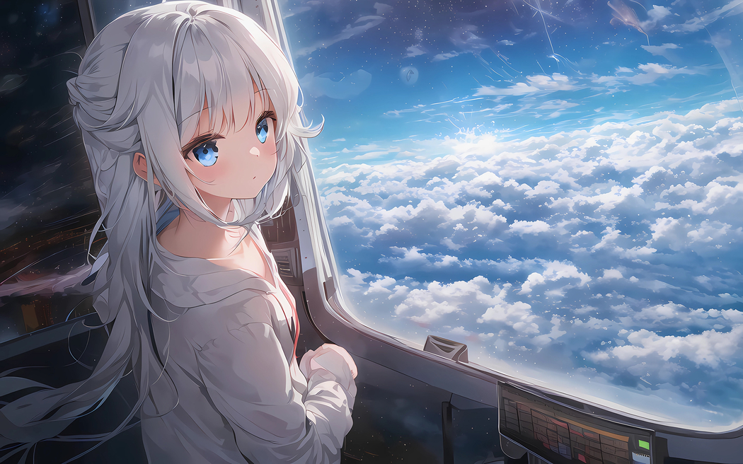 星空少女白云窗口动漫壁纸 2880x1800高清免费下载