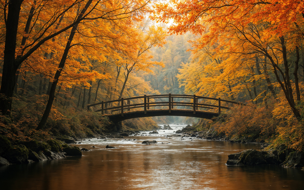 秋天森林小桥小溪流水 2880x1800高清风景壁纸免费下载