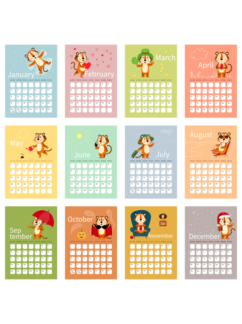 2022虎年卡通彩色日历高清PNG素材 含元旦春节元宵节日元素免费下载