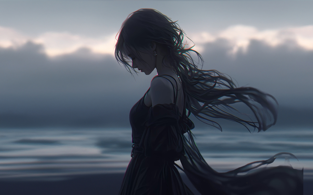 暗色系女孩长发黑裙2880x1800高清动漫壁纸免费下载