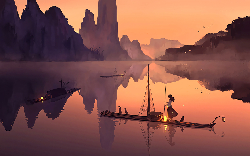 夜晚女孩竹排2880x1800电脑动漫高清壁纸免费下载