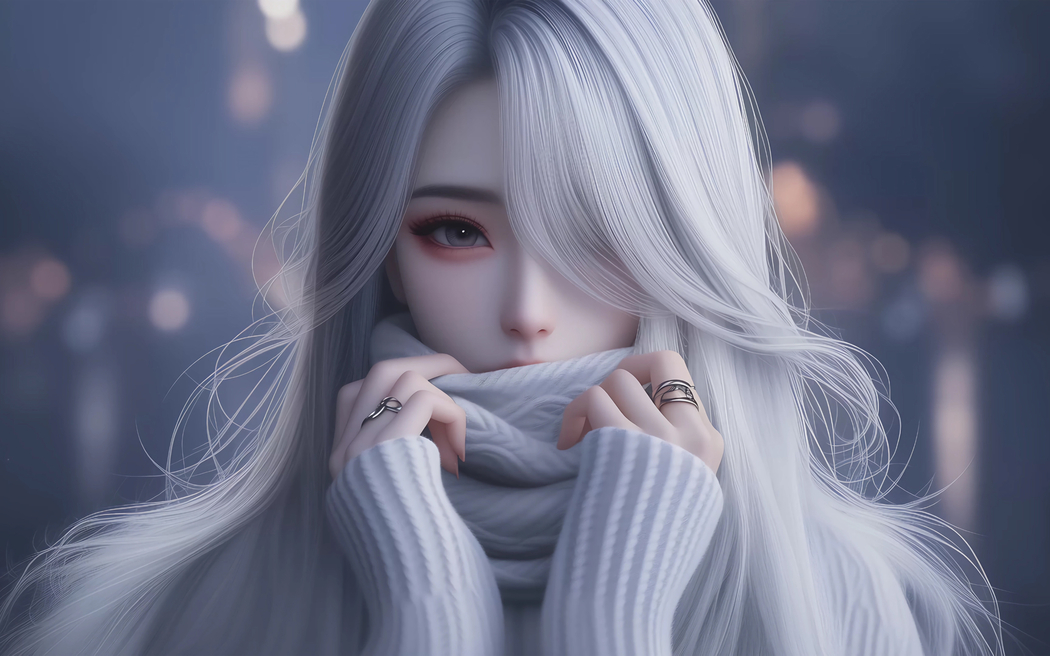 冬日动漫女孩白毛围巾高清壁纸 2880x1800免费下载