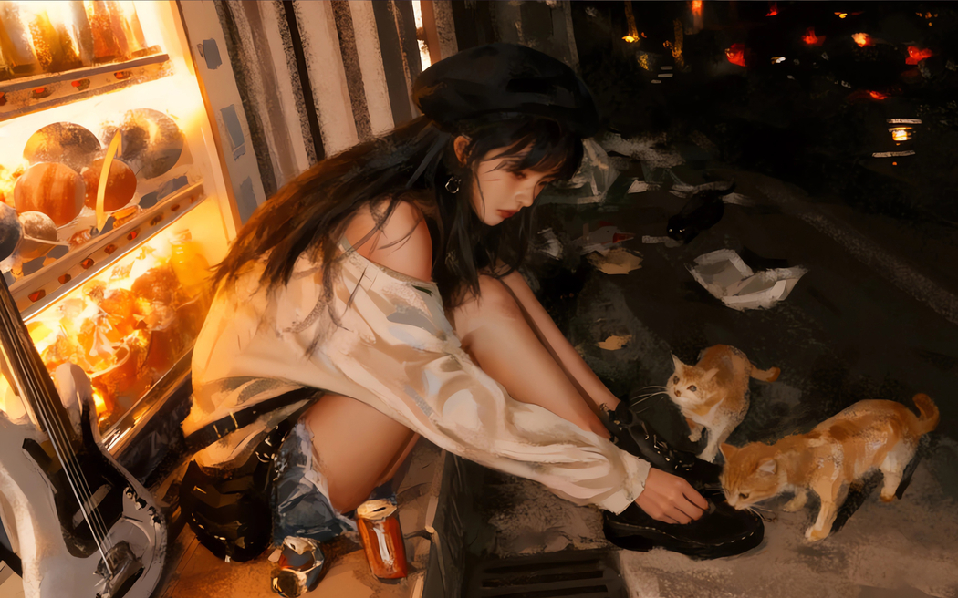 晚上少女戴帽子与流浪猫动漫壁纸 2880x1800高清免费下载