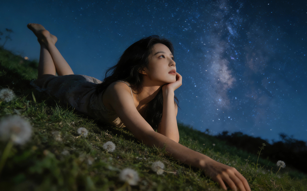 看星空美女绿草地唯美车机风景高清壁纸2880x1800免费下载