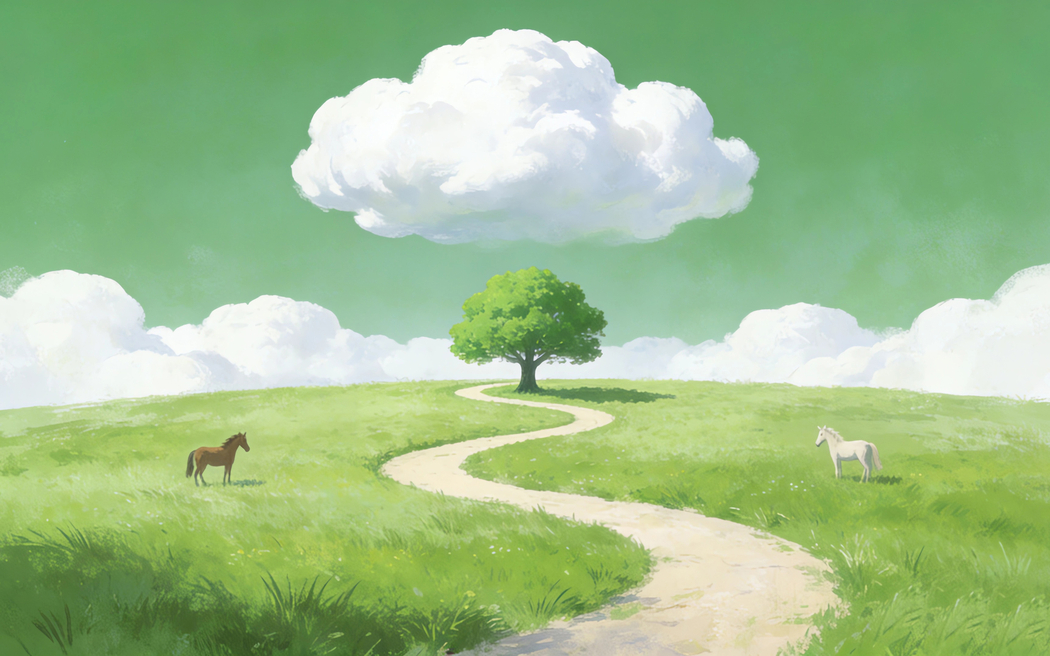 绿色天空白色云朵草地马儿弯曲小路小树超高清车机风景壁纸2880x1800免费下载