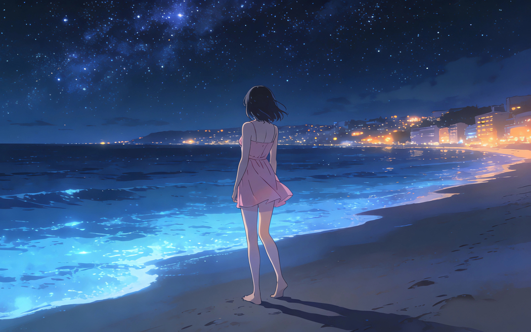 海边星空少女背影粉色裙子 小米专用2880x1800高清壁纸免费下载