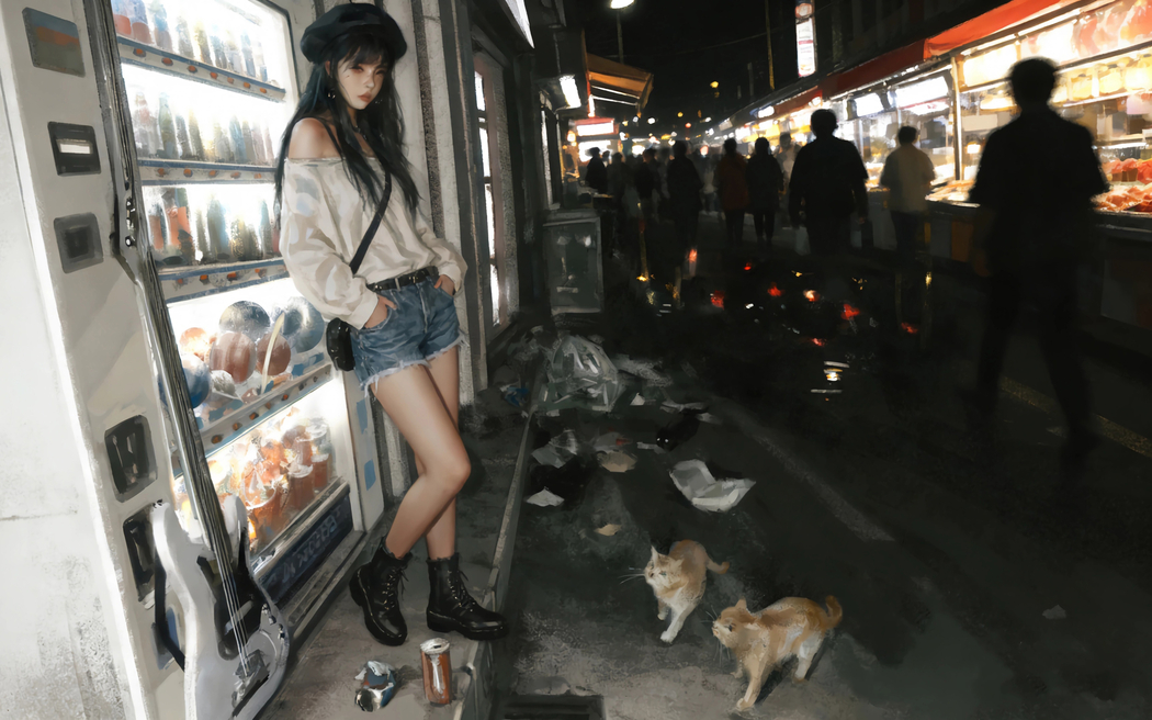 美食街动漫女孩戴帽子与猫车机专用2880x1800高清壁纸免费下载