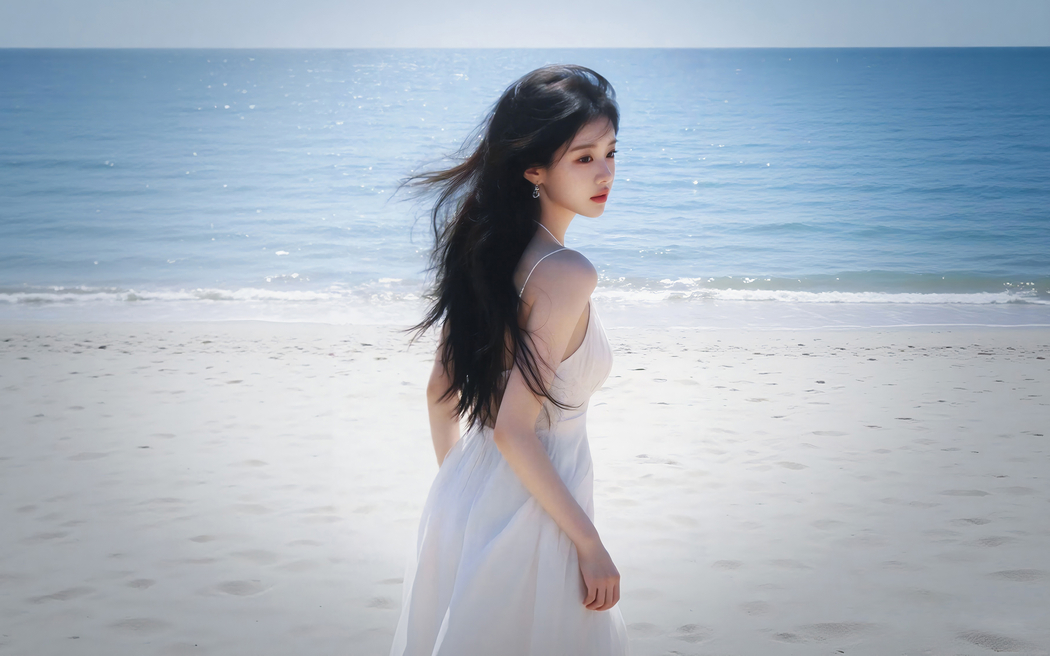 白裙优雅美女回眸海滩车机高清壁纸 2880x1800免费下载