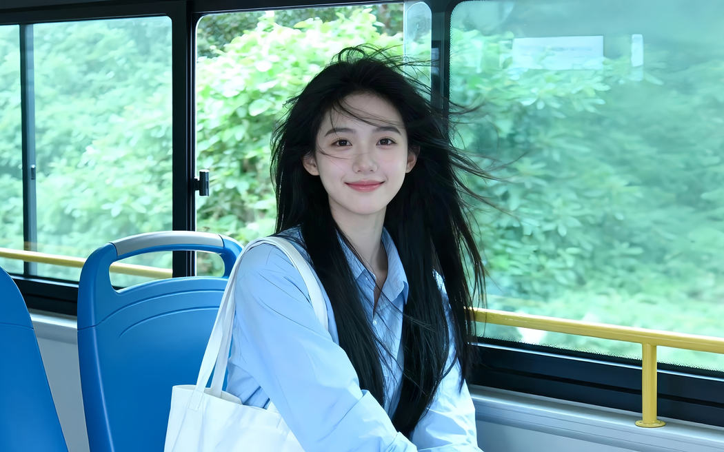 公交车清新美女车机桌面壁纸 横屏2880x1800高清免费下载