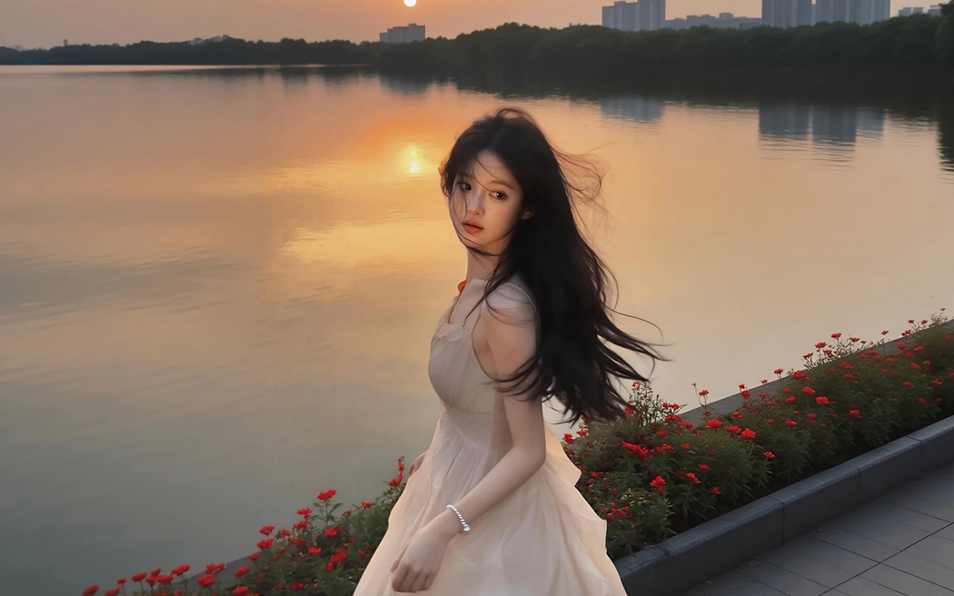 美女回眸城市湖水倒影车机美女高清壁纸2880x1800免费下载