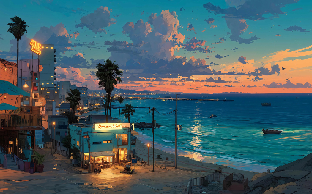 云彩夜晚海滨小城夜景高清车机壁纸 2880x1800免费下载