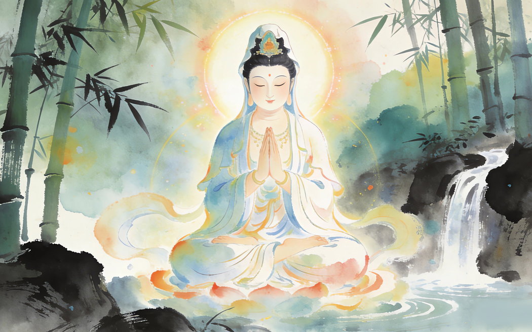 观世音菩萨竹林瀑布水墨风3200x2000高清壁纸免费下载