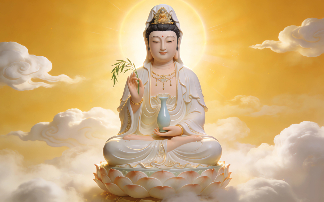 观世音菩萨坐莲台玉净瓶祥云高清壁纸3200x2000免费下载
