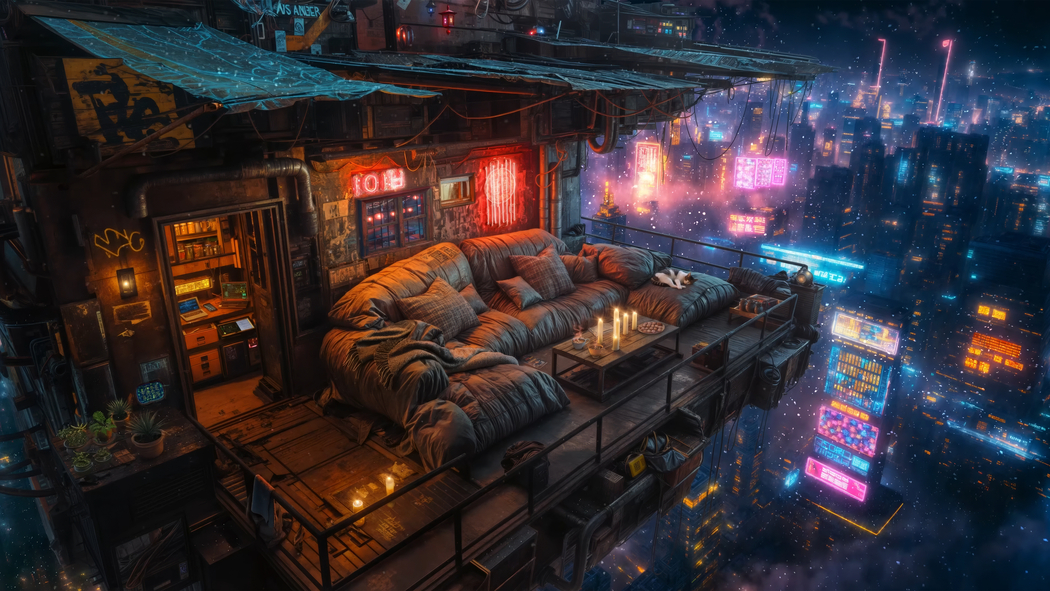 迷幻赛博朋克城市高层空中露台4K超清壁纸3840x2160免费下载