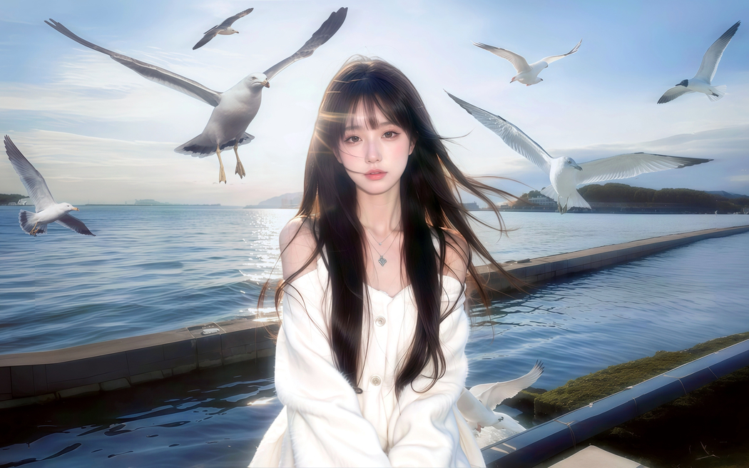 天空湖面海鸥与美女长发 车机高清3K壁纸3200x2000免费下载