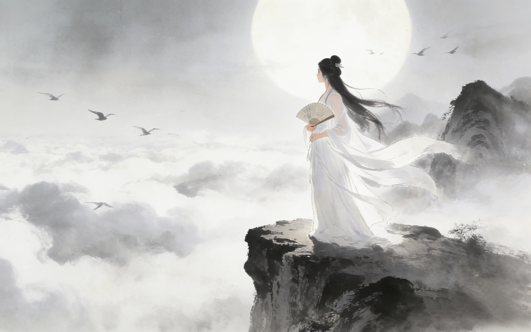 仙气美女长头发唯美古风高山云海3200x2000高清壁纸免费下载