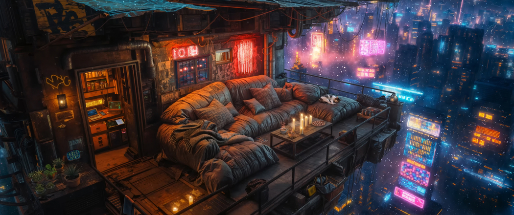 迷幻赛博朋克城市高层空中露台动漫风景 3440x1440 4K高清带鱼屏壁纸免费下载