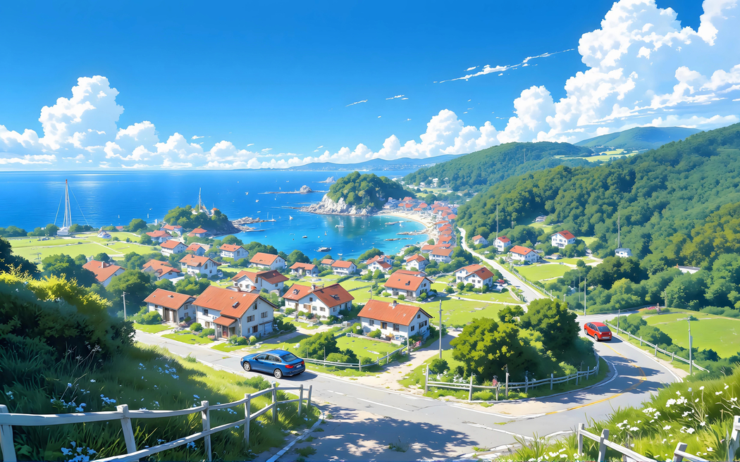海边小镇风景3200x2000高清车机壁纸 平板笔记本便携设备免费下载