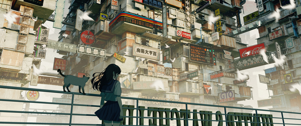 长发女学生与猫在旧城市建筑栏杆旁 3440x1440带鱼屏4K动漫高清壁纸免费下载