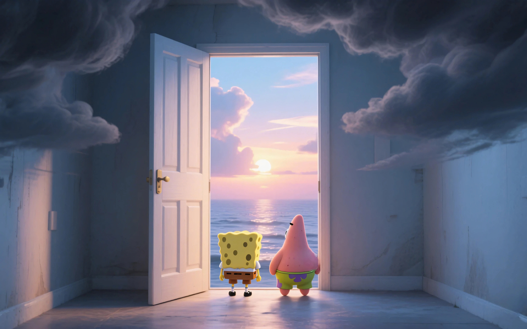 海绵宝宝和派大星背影大海3K高清壁纸3200x2000免费下载