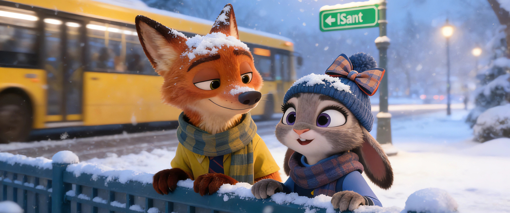 冬季公交车朱迪狐尼克4K高清剧照壁纸3440x1440免费下载