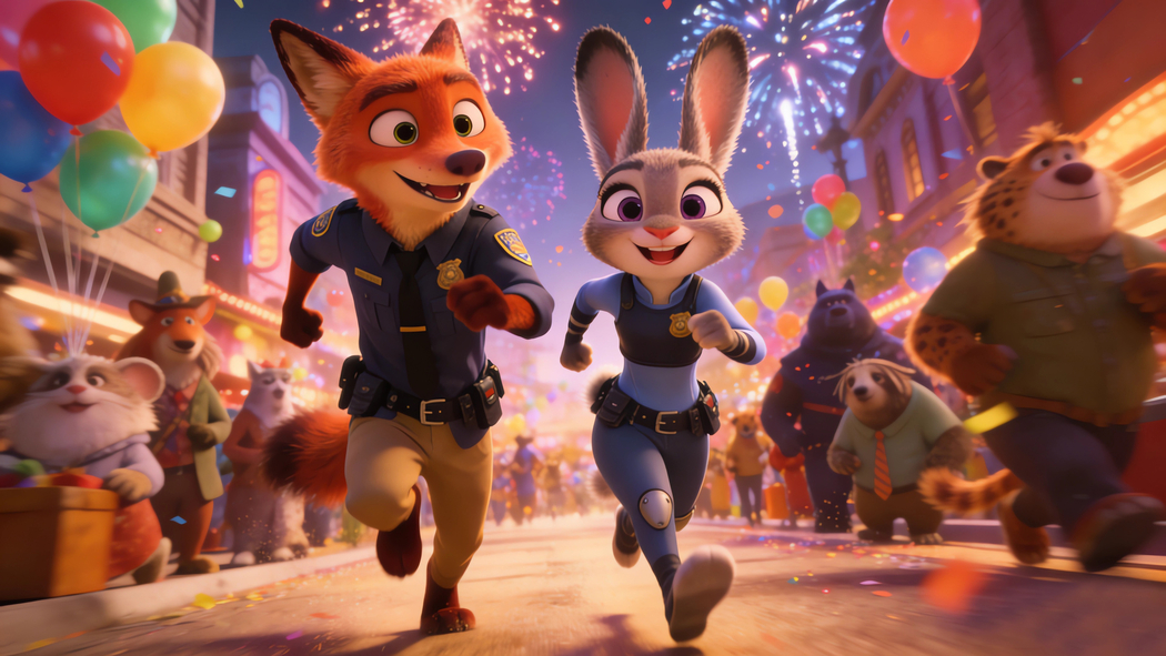 朱迪狐尼克奔跑热闹街市烟花 4K超清全面屏平板笔记本壁纸3840x2160免费下载