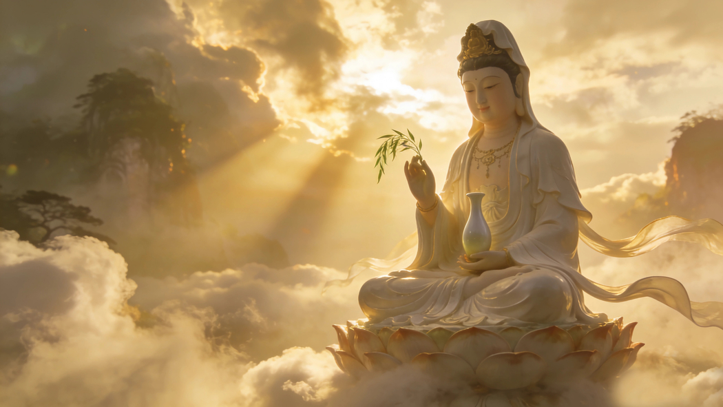 观世音菩萨显圣天空佛光 4K宗教高清电脑壁纸3840x2160免费下载