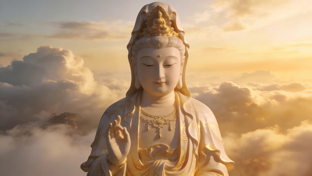 天空云光映衬下的观世音菩萨神像4K高清宗教壁纸3840x2160免费下载