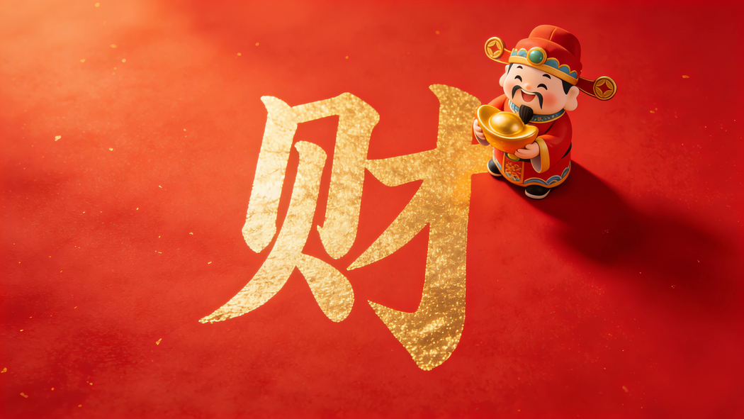 财神送元宝财字红色背景4K高清壁纸3840x2160免费下载