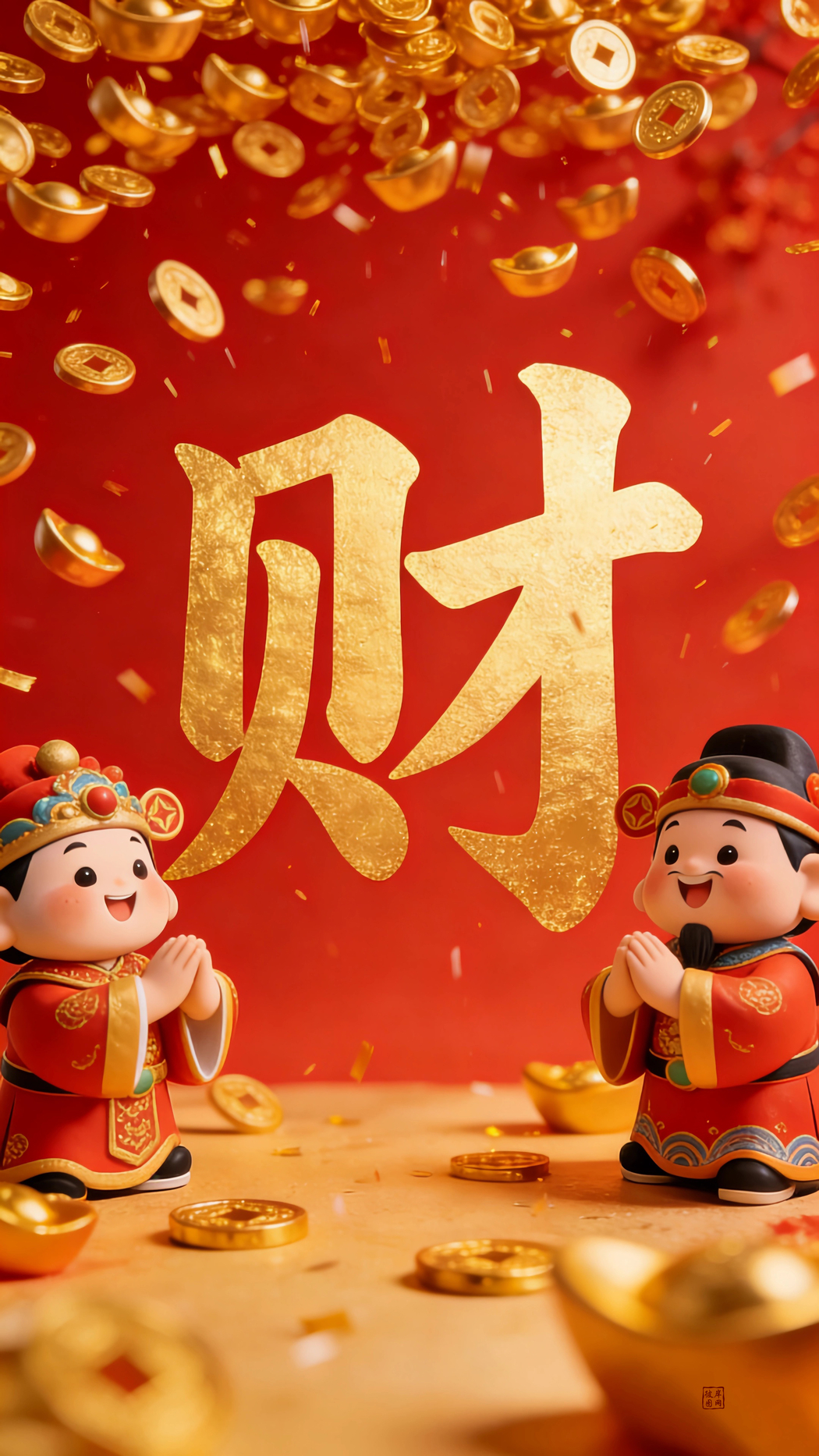 可爱财神金元宝钱雨金色财字红色喜庆背景4K竖屏手机壁纸高清免费下载2160x3840